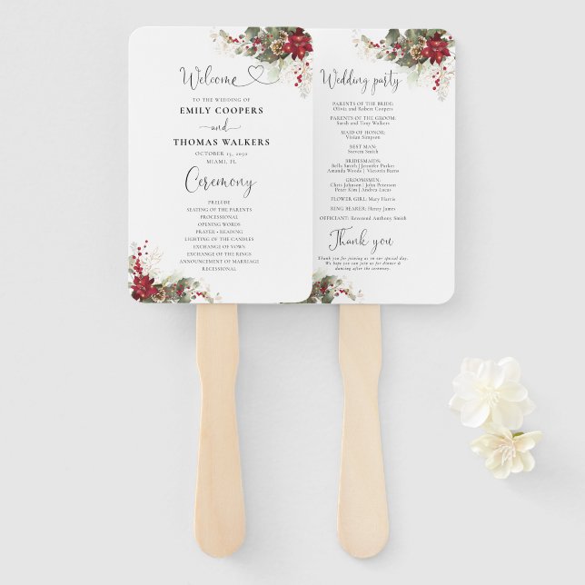 Abanico de mano para programa de boda de Nochebuen (Anverso y reverso)