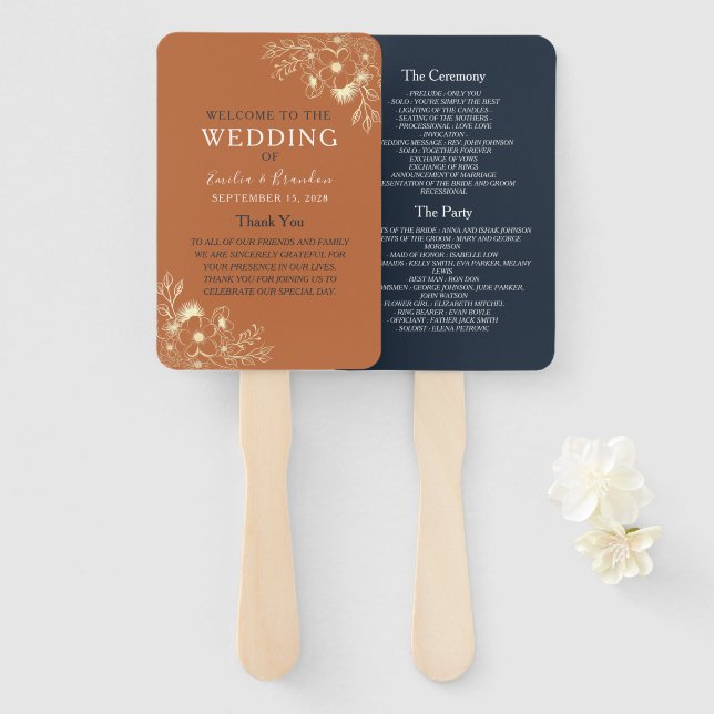 Abanico de mano para programa de boda de terracota (Anverso y reverso)