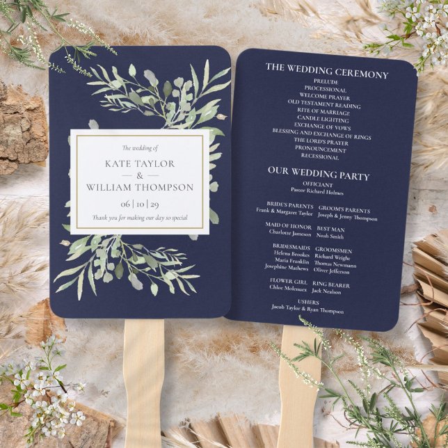 Abanico de mano para programa de boda de verde nav (Navy Blue Greenery Wedding Program Hand Fan)