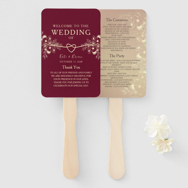 Abanico de mano para programa de boda elegante de  (Anverso y reverso)