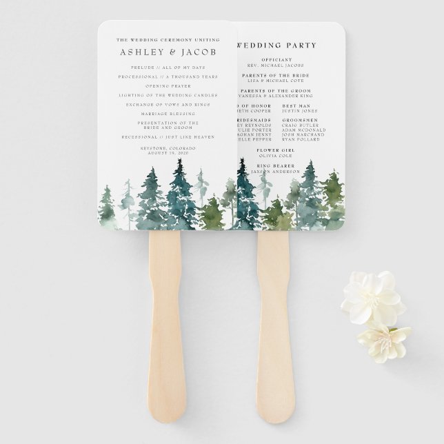 Abanico de mano para programa de boda en bosque de (Anverso y reverso)