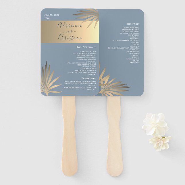 Abanico de mano para programa de boda en oro y azu (Anverso y reverso)