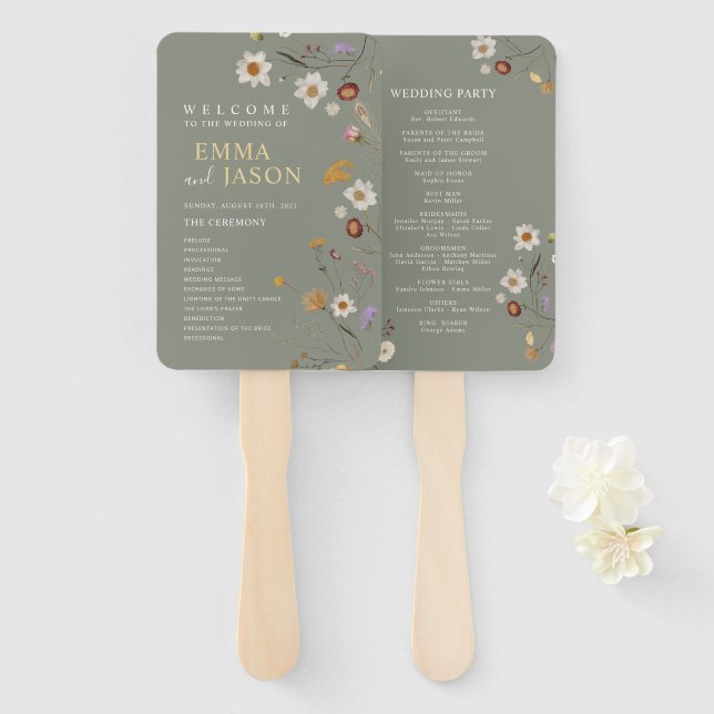 Abanico de mano para programa de boda floral boho  (Anverso y reverso)