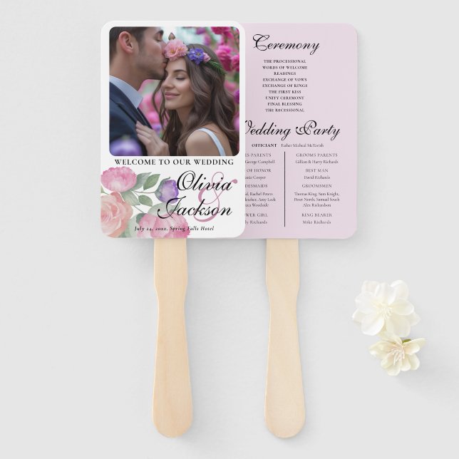 Abanico de mano para programa de boda floral Boho  (Anverso y reverso)