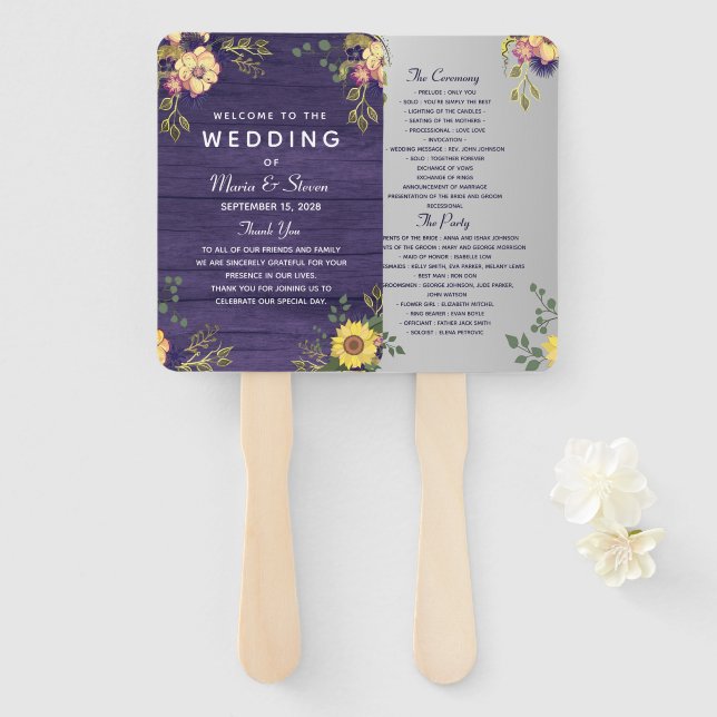 Abanico de mano para programa de boda floral púrpu (Anverso y reverso)