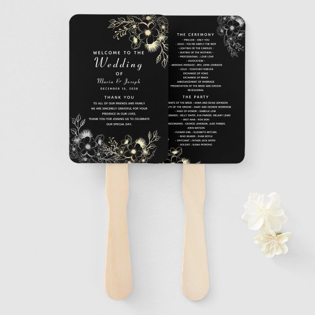 Abanico de mano para programa de boda negro (Anverso y reverso)