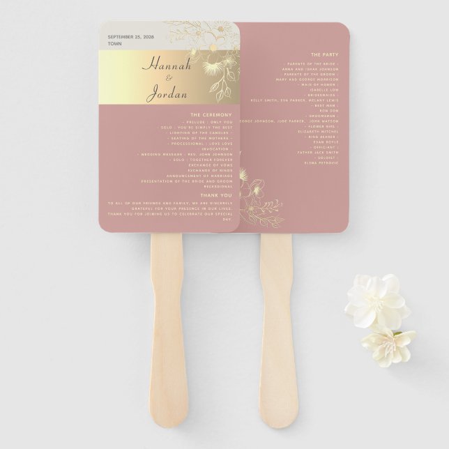 Abanico de mano para programa de boda rosa polvori (Anverso y reverso)
