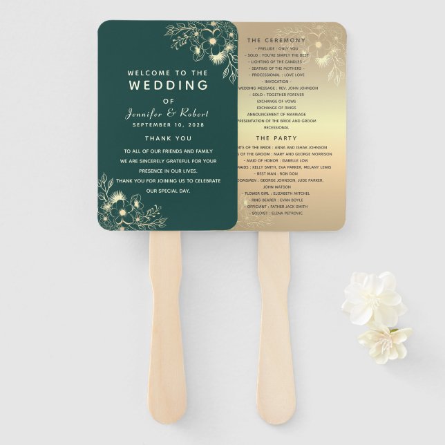 Abanico de mano para programa de boda verde esmera (Anverso y reverso)