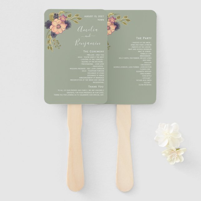 Abanico de mano para programa de boda verde salvia (Anverso y reverso)