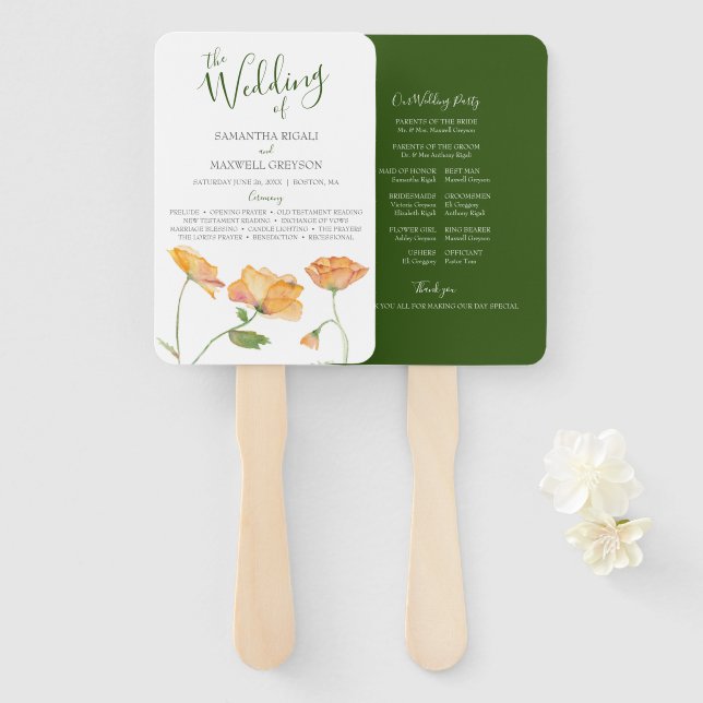Abanico de Programa de Boda con Acuarela Floral (Anverso y reverso)