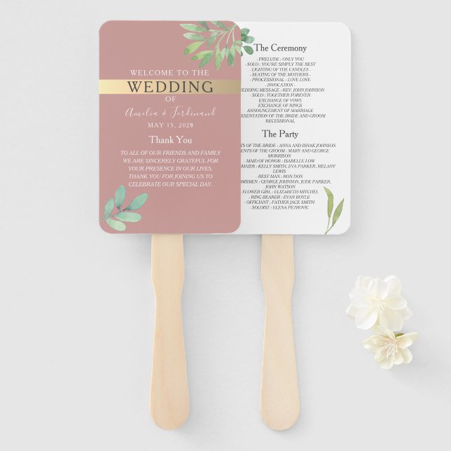Abanico de programa de boda con vegetación de rosa (Anverso y reverso)