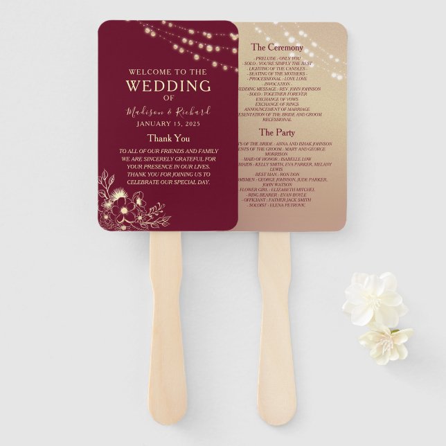 Abanico de programa de boda de oro de Borgoña (Anverso y reverso)