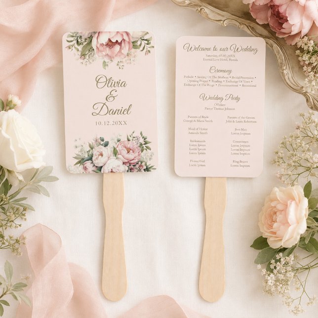 Abanico de Programa de Boda de Peonía Marfil y Ros (Blush & Ivory Peony Wedding Program Fan)