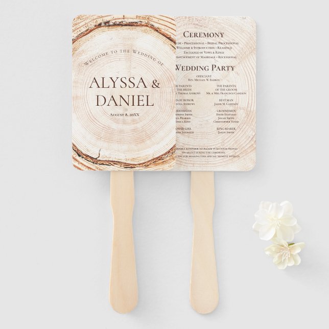 Abanico de programa de boda de rebanada de madera  (Anverso y reverso)