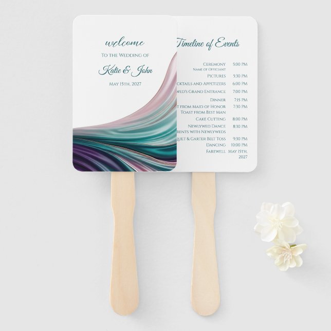 Abanico de programa de boda de seda azul verde y r (Anverso y reverso)