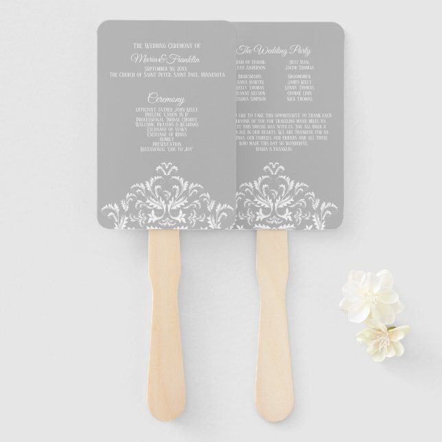 Abanico de programa de boda elegante damasco gris  (Anverso y reverso)