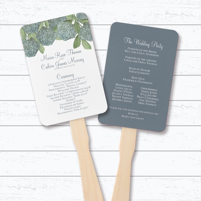 Abanico de programa de boda floral de Hortensia Az (Blue hydrangea floral wedding program fan with watercolor flowers and elegant ceremony details.)