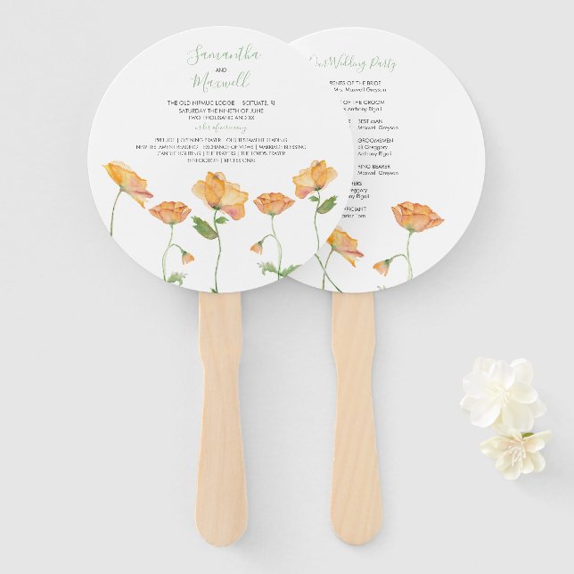 Abanico de Programa de Boda Floral Naranja (Anverso y reverso)