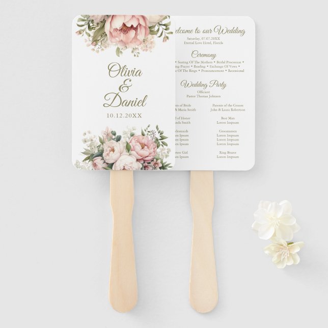 Abanico de programa de boda floral | Peonía rosa y (Anverso y reverso)
