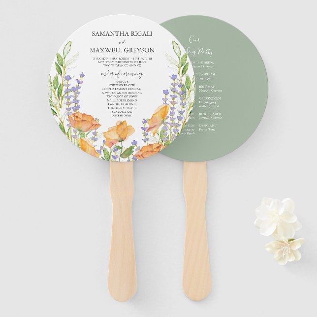 Abanico de programa de boda floral verde salvia y  (Anverso y reverso)