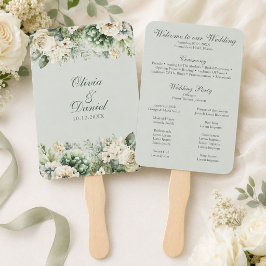 Abanico de programa de boda floral verde suave de