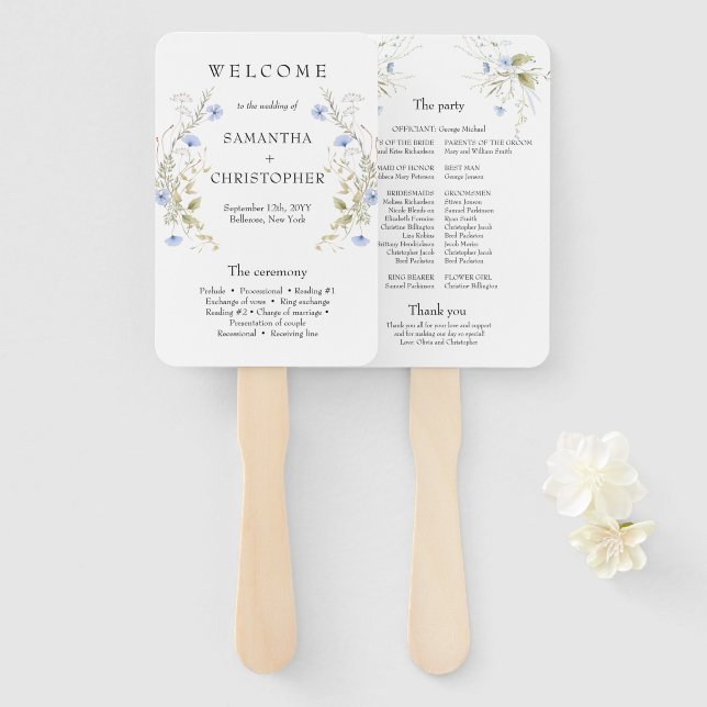 Abanico Delicado programa de marco de flores salvajes azul (Anverso y reverso)