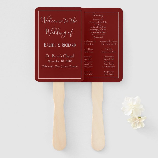 Abanico Delightful Wedding Program Burgundy (Anverso y reverso)