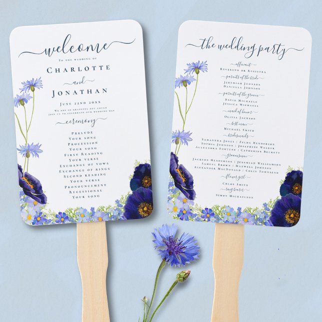 Abanico Día de la Boda Azul de Flor Silvestre Moderna (Elegant blue floral watercolor day of wedding programme fan with stylish typography script )