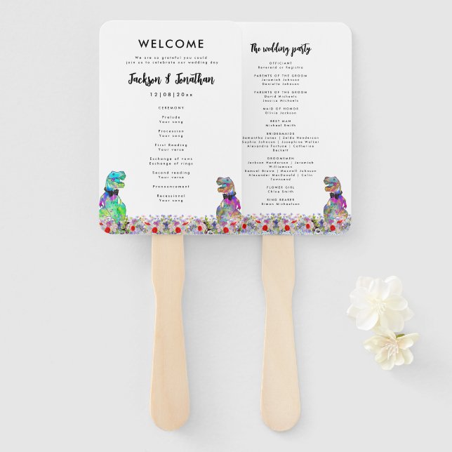 Abanico Dinosaur 2 Grooms Gay Wedding Day Program (Anverso y reverso)