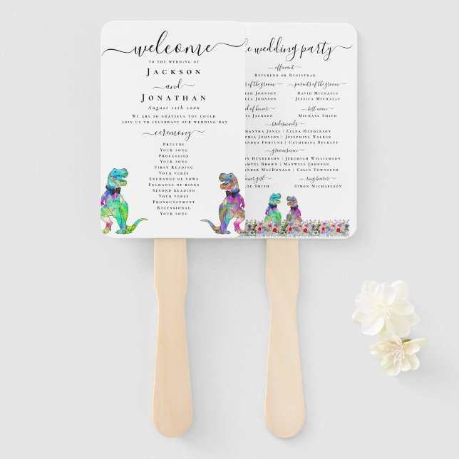 Abanico Dinosaur Two Grooms Gay Wedding Ceremony (Anverso y reverso)