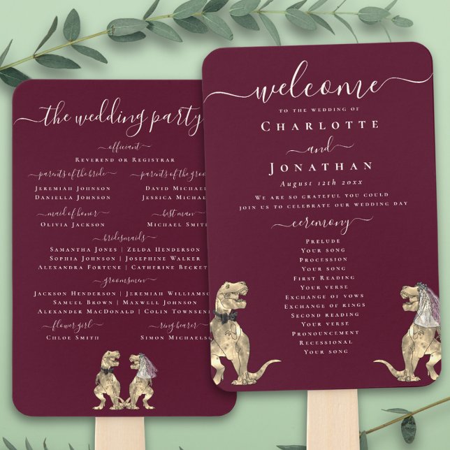 Abanico Dinosaur Wedding Ceremony Burgundy Wine Cream (T-Rex bride and groom dinosaur burgundy wine cream wedding ceremony program fans Elegant script)