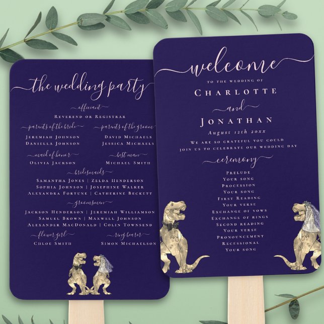 Abanico Dinosaur Wedding Ceremony Navy Blue Blush Pink (T-Rex bride and groom dinosaur navy blue blush pink wedding ceremony program fans elegant script)