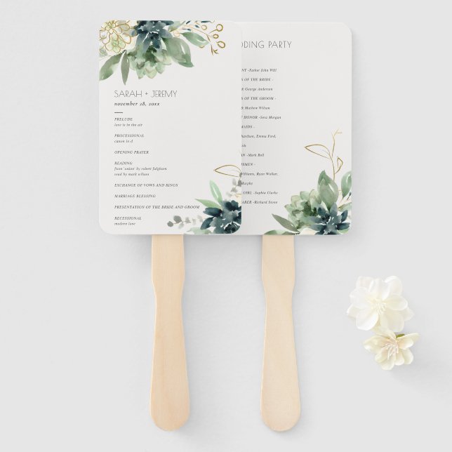 Abanico Dusky Blue Green Succulage Foliage Wedding Program (Anverso y reverso)