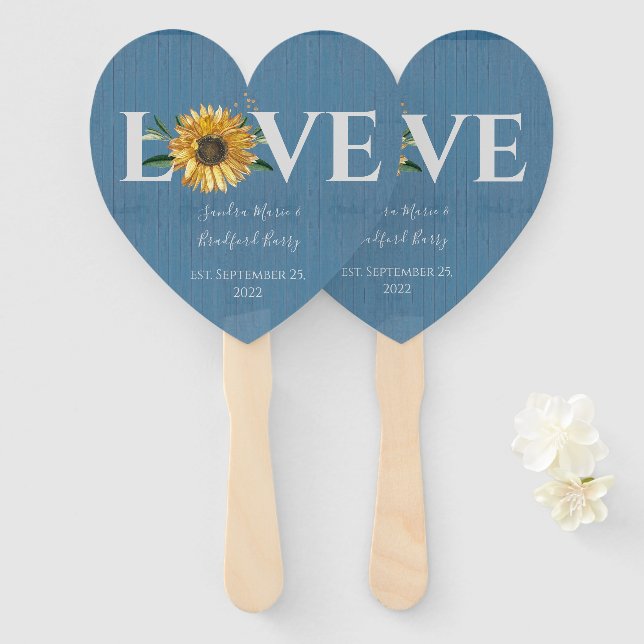 Abanico Dusty Blue Barn Wood, Boda del girasol dorado (Anverso y reverso)