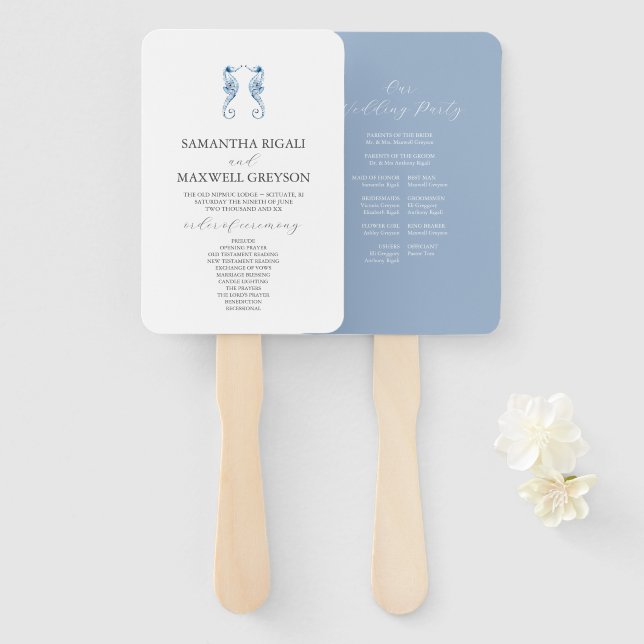 Abanico Dusty Blue Beach Wedding Program | Seahorses (Anverso y reverso)