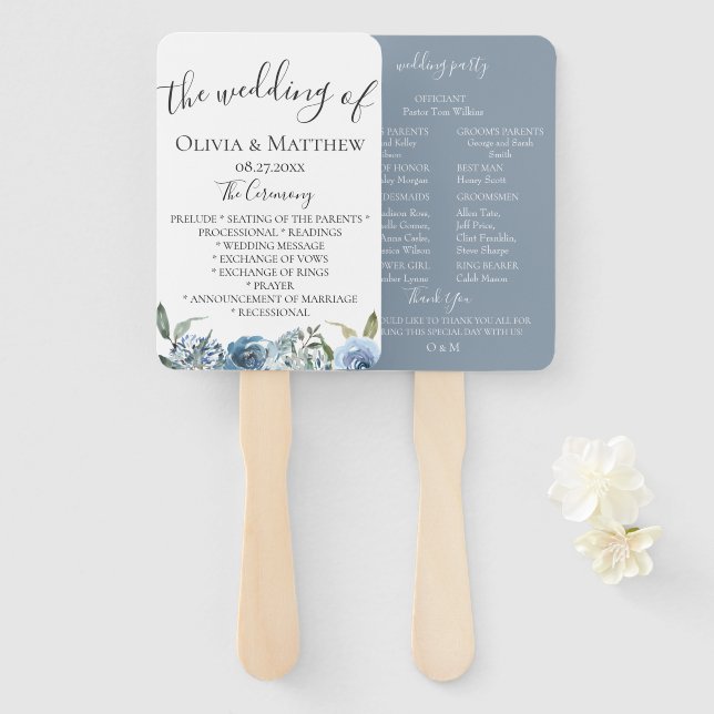 Abanico Dusty Blue Botanical Wedding Program (Anverso y reverso)