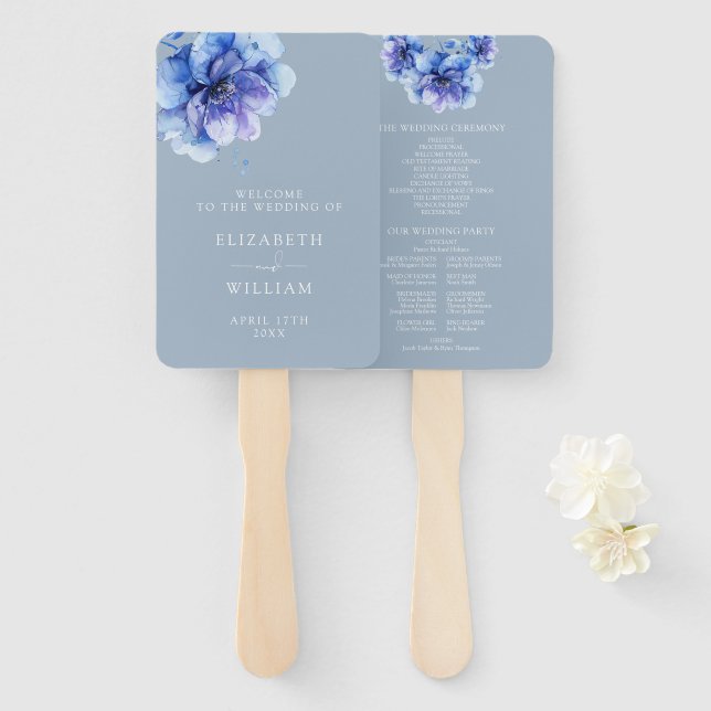 Abanico Dusty Blue Elegant Floral Wedding Program (Anverso y reverso)