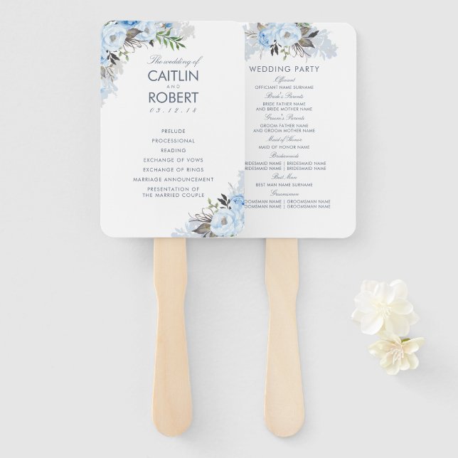 Abanico Dusty Blue Elegant Floral Wedding Program (Anverso y reverso)