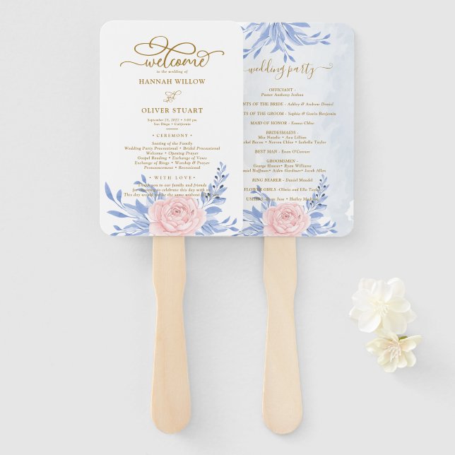 Abanico Dusty Blue Elegant Programas De Boda Floral Rosa (Anverso y reverso)