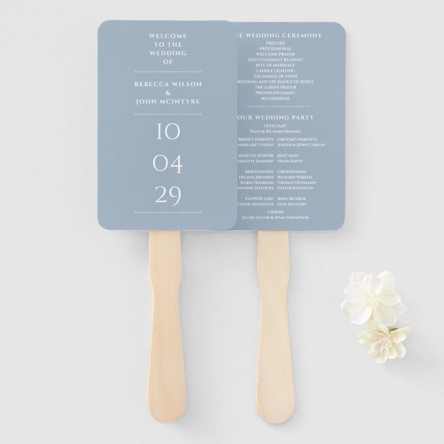 Abanico Dusty Blue Especial Date Wedding Program (Anverso y reverso)