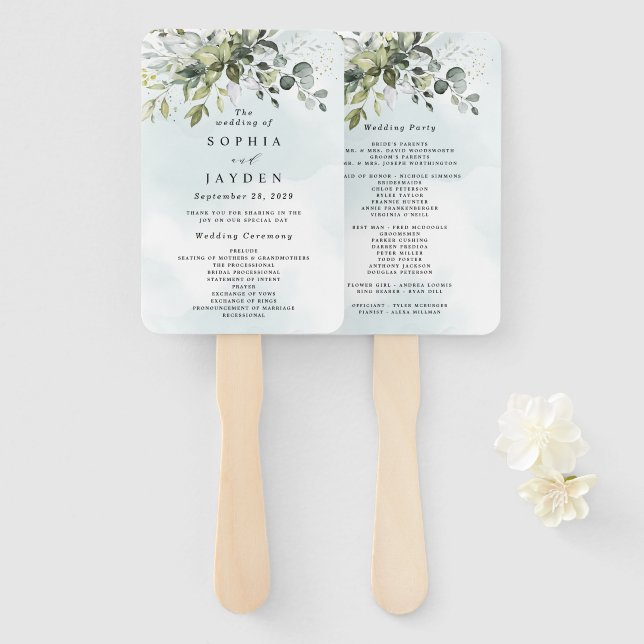 Abanico Dusty Blue Eucalyptus Greenery Wedding Programme (Anverso y reverso)