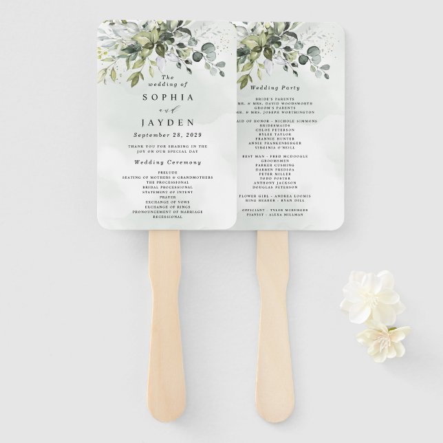 Abanico Dusty Blue Eucalyptus Greenery Wedding Programme (Anverso y reverso)