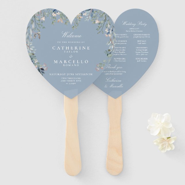 Abanico Dusty Blue Floral Cascade Wedding Program (Anverso y reverso)