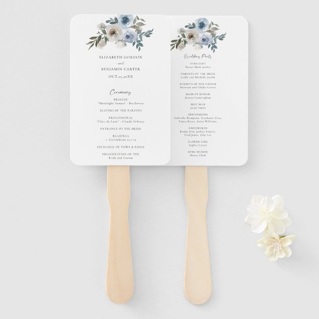 Abanico Dusty Blue Floral Wedding Program Ceremony (Anverso y reverso)