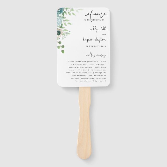 Abanico Dusty Blue Floral Wedding Program conjunto de fans (Anverso)