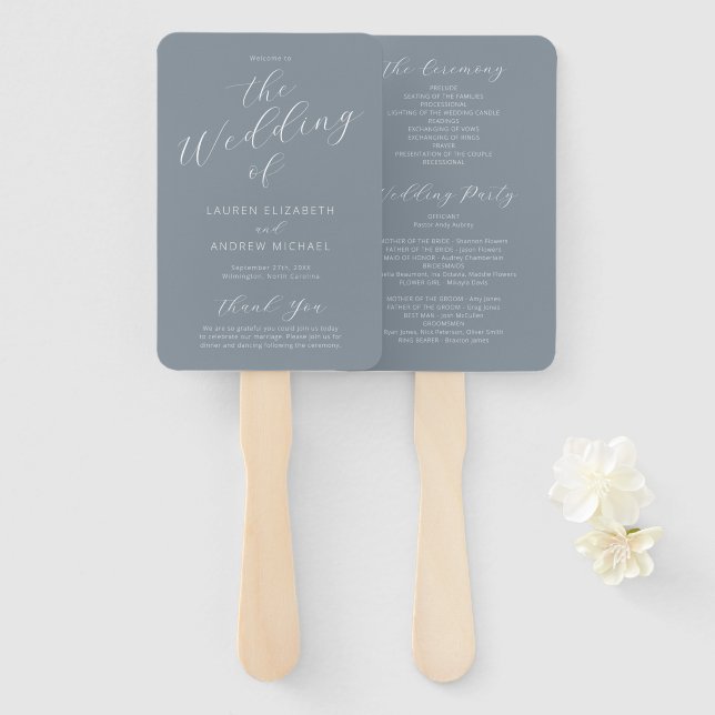Abanico Dusty Blue Gray Modern Calligraphy Wedding Program (Anverso y reverso)