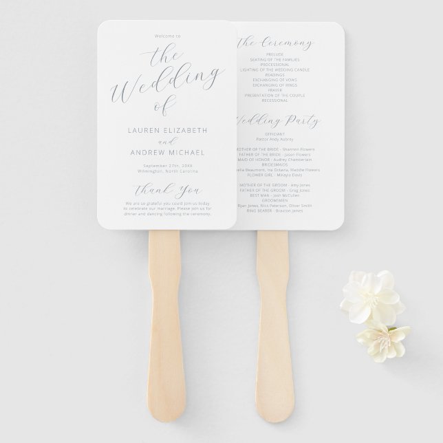Abanico Dusty Blue Gray Modern Calligraphy Wedding Program (Anverso y reverso)