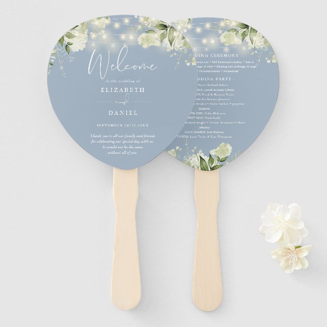 Abanico Dusty Blue Greenery Lights Wedding Program Heart (Anverso y reverso)