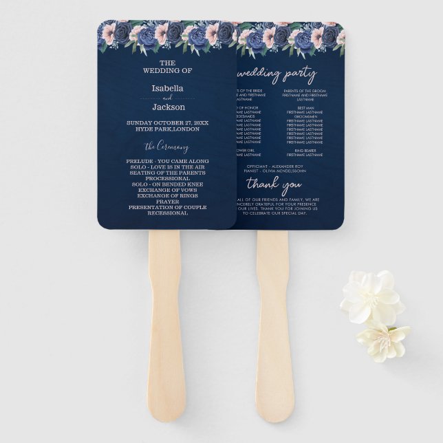 Abanico Dusty Blue Navy Champagne Boda de Marfil (Anverso y reverso)