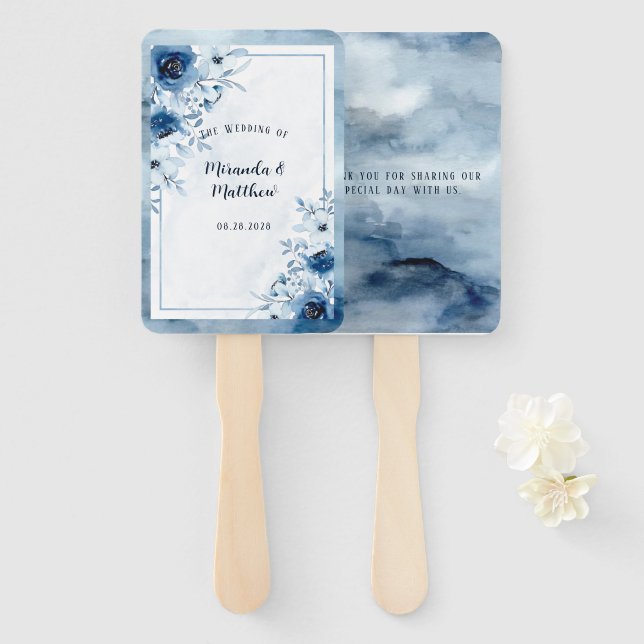 Abanico Dusty Blue & Navy Watercolor Floral Boda (Anverso y reverso)